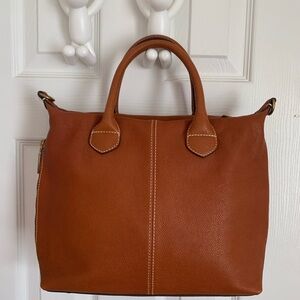 Genuine Leather Brown Top Handle Satchel Bag Gold Hardware Zip Pebbled Finish
